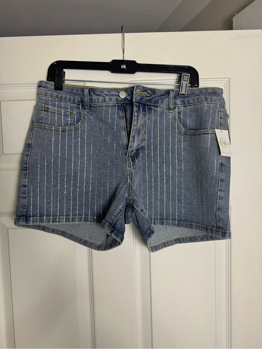 Women's Blue Denim Shorts with Metallic Pinstripes